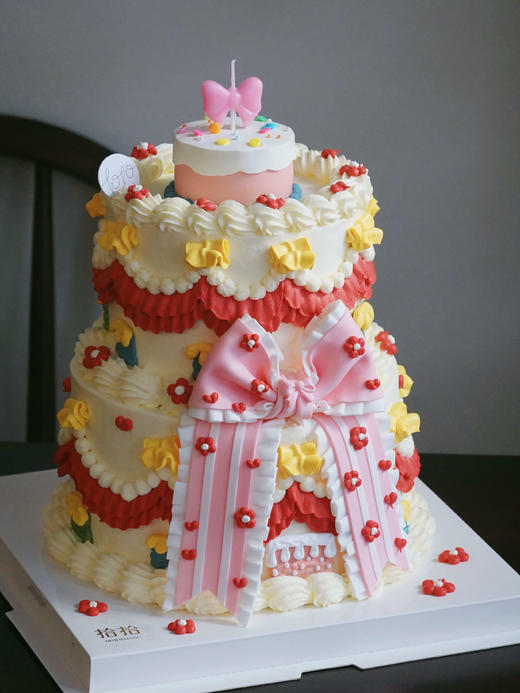 「蝴蝶结·萝莉塔」复古裱花·100%动物奶油（附图5寸加高+7寸加高双层·提前5天预订） 商品图0