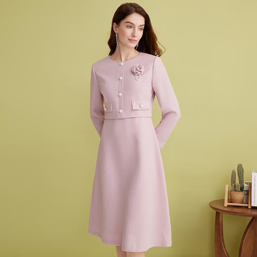 EITIE爱特爱气质优雅小香风粉色收腰假两件a字连衣裙春季新款A2507521 商品图2