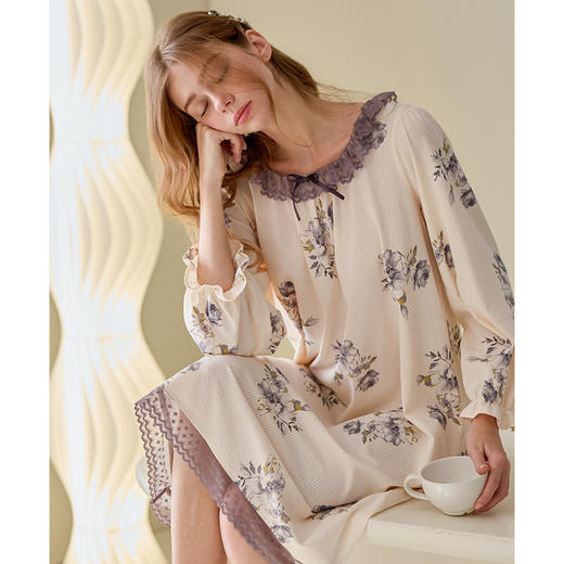 芬腾睡裙女春秋季新款纯棉长袖睡衣裙女款宽松休闲大码家居服中裙 商品图0