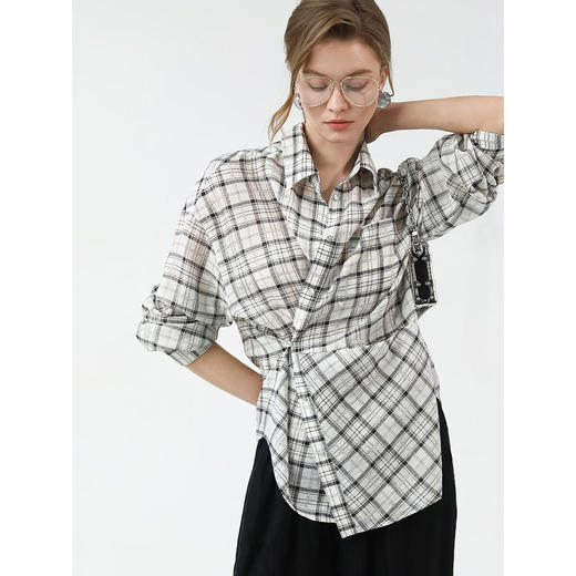 COCOBELLA复古格纹莱赛尔衬衫春夏设计师款不规则衬衣SR3095 商品图0