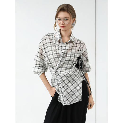 COCOBELLA复古格纹莱赛尔衬衫春夏设计师款不规则衬衣SR3095 商品图2