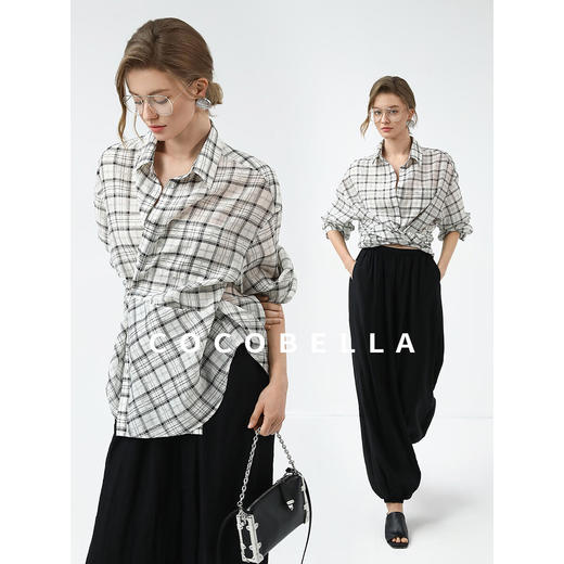 COCOBELLA复古格纹莱赛尔衬衫春夏设计师款不规则衬衣SR3095 商品图1