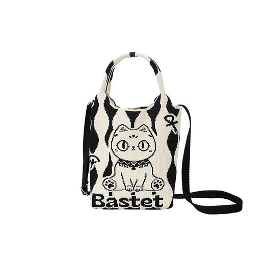 大英博物馆 巴斯特系列 萌猫针织提花 手提斜挎包-黑白 商品图4