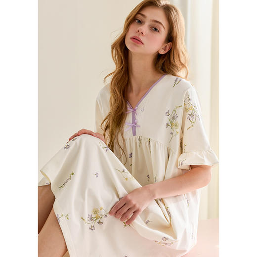 芬腾睡裙女纯棉短袖睡衣裙春夏季新款宽松休闲大码全棉家居服中裙 商品图2