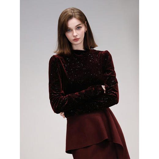 COCOBELLA优雅木耳边半高领亮片丝绒衬衫长袖打底衫TS7066-3 商品图1