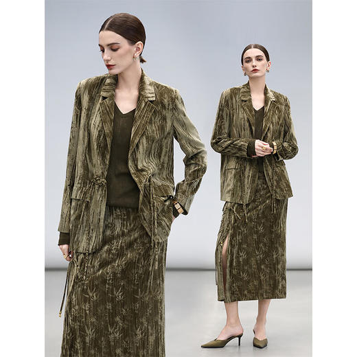 COCOBELLA新中式竹叶拓印压褶丝绒半身裙国风盘扣长裙HS0059 商品图1