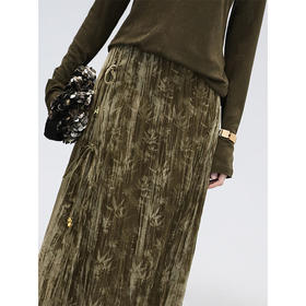 COCOBELLA新中式竹叶拓印压褶丝绒半身裙国风盘扣长裙HS0059