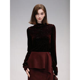 COCOBELLA优雅木耳边半高领亮片丝绒衬衫长袖打底衫TS7066-3