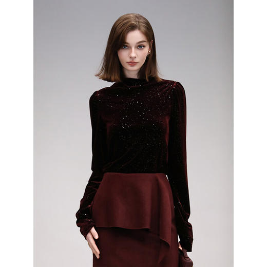 COCOBELLA优雅木耳边半高领亮片丝绒衬衫长袖打底衫TS7066-3 商品图0