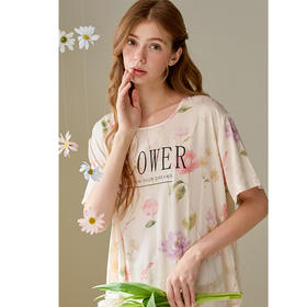 芬腾睡裙女春季简约短袖睡衣裙夏季冰丝薄款植物花卉加大码家居服