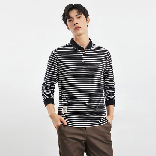 【桑蚕丝混纺】罗蒙男士春秋款撞色条纹polo衫男长袖t恤男士polo衫 商品图4