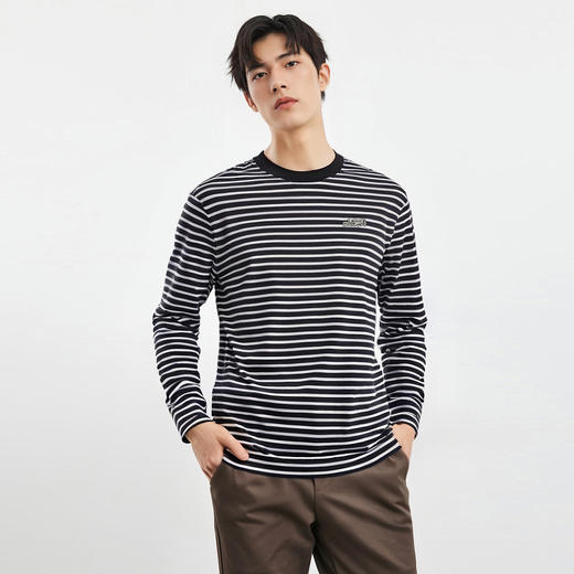 【桑蚕丝混纺】罗蒙春秋绣花胸标海魂衫t恤男长袖t恤男时尚条纹t恤长袖男 商品图3