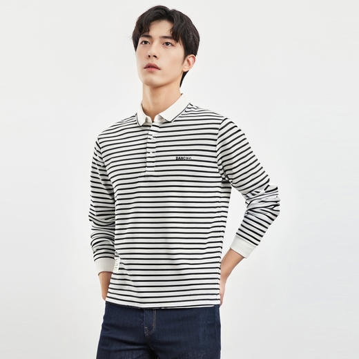 【桑蚕丝混纺】罗蒙男士春秋款撞色条纹polo衫男长袖t恤男士polo衫 商品图1