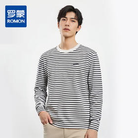 【桑蚕丝混纺】罗蒙春秋绣花胸标海魂衫t恤男长袖t恤男时尚条纹t恤长袖男