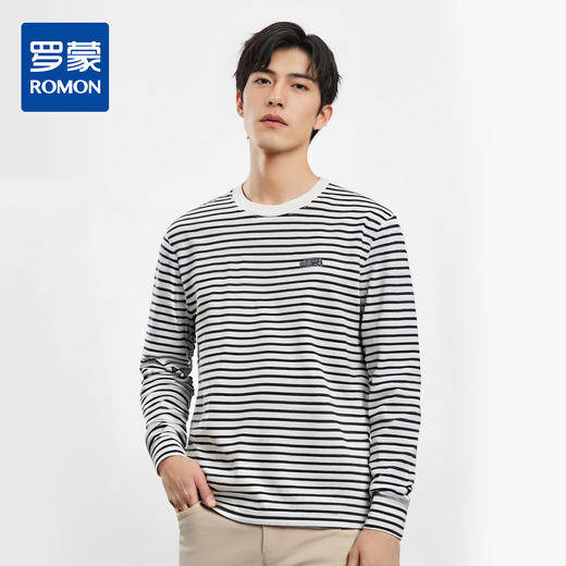【桑蚕丝混纺】罗蒙春秋绣花胸标海魂衫t恤男长袖t恤男时尚条纹t恤长袖男 商品图0