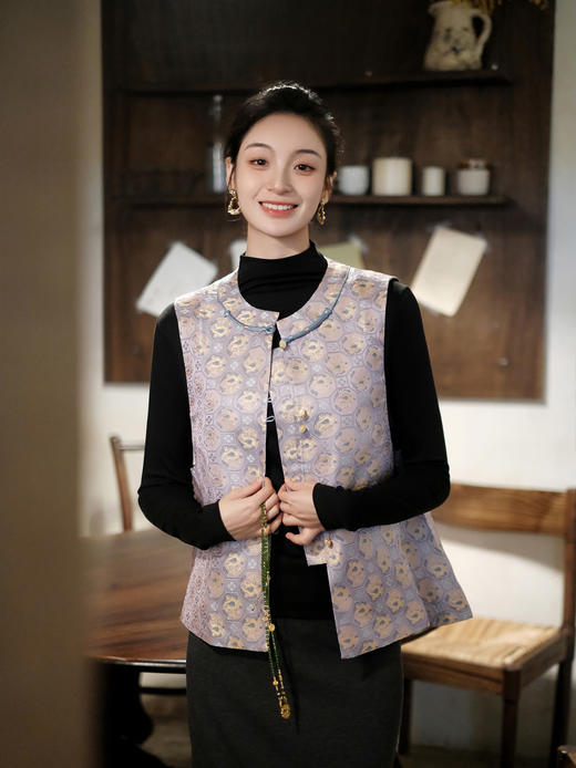 盛唐婧 |中式国风真丝宋锦对襟马甲 商品图1