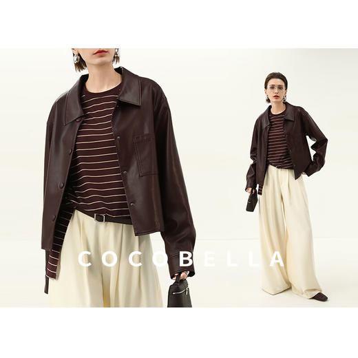 COCOBELLA安可拉红衬衫式PU皮衣短外套春复古翻领夹克PU3098-2 商品图2