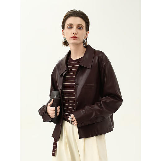 COCOBELLA安可拉红衬衫式PU皮衣短外套春复古翻领夹克PU3098-2 商品图0