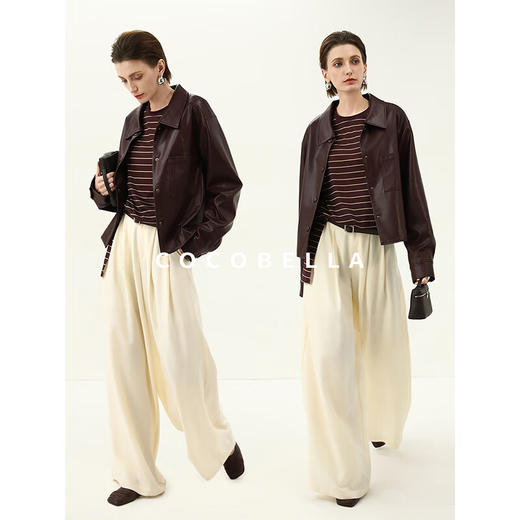 COCOBELLA安可拉红衬衫式PU皮衣短外套春复古翻领夹克PU3098-2 商品图1