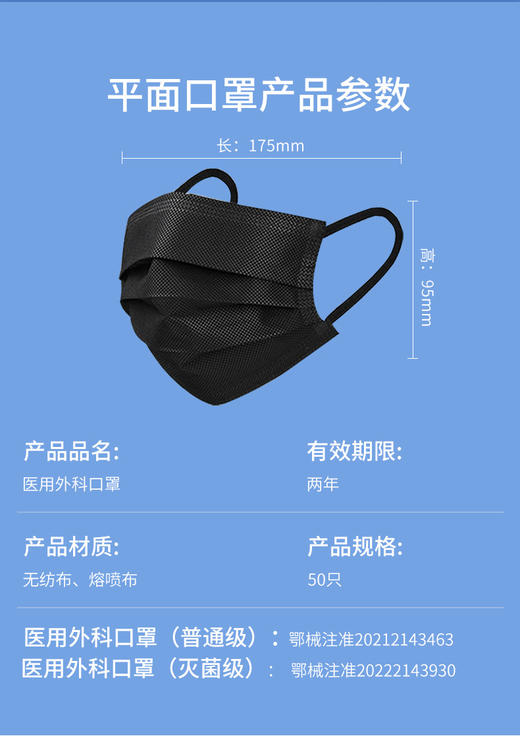 医用外科 50只黑色口罩 精品盒装 加宽耳带独立包装一次性三层医用级口罩 商品图1