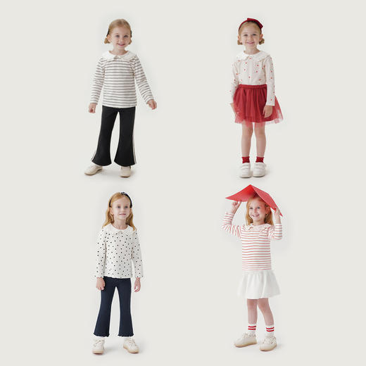 马克珍妮女童花边娃娃领条纹长袖T恤 儿童打底衫秋装新款241180 商品图1