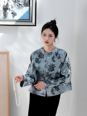 瑕疵|盛唐牡丹| 墨灰色蝶恋花漳缎外套[特价品](特殊商品不退不换)