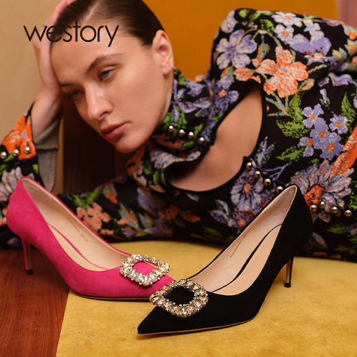 westory2024春季新款方扣钻饰高脚小细跟鞋通勤尖头单鞋W24AE56491 商品图4