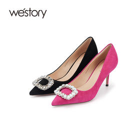 westory2024春季新款方扣钻饰高脚小细跟鞋通勤尖头单鞋W24AE56491