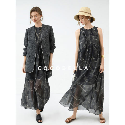 COCOBELLA欧式度假风褶裥印花连衣裙25夏手工捏褶长裙FR3053 商品图0