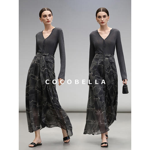 COCOBELLA度假风大理石纹印花飘带半身裙春夏飘逸长裙HS3109 商品图2