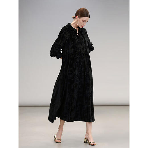 【限量秒杀仅限6-9号】COCOBELLA[竹影拓印]新中式丝绒连衣裙小黑裙国风衬衫裙FR0002-3 商品图0