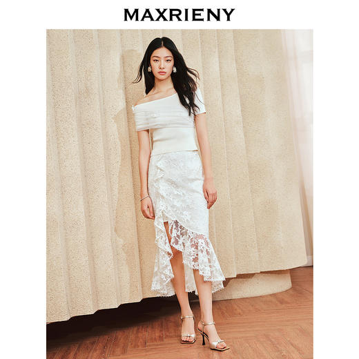 MAXRIENY浪漫复古风网纱上衣2024夏季新款水晶吊珠一字肩套头针织(货号:MS85SW033) 商品图1