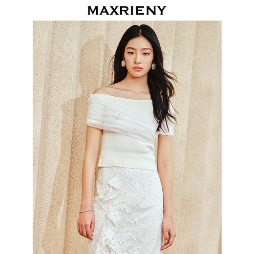 MAXRIENY浪漫复古风网纱上衣2024夏季新款水晶吊珠一字肩套头针织(货号:MS85SW033) 商品图2