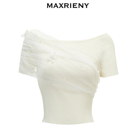 MAXRIENY浪漫复古风网纱上衣2024夏季新款水晶吊珠一字肩套头针织(货号:MS85SW033) 商品图4