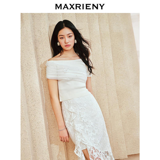 MAXRIENY浪漫复古风网纱上衣2024夏季新款水晶吊珠一字肩套头针织(货号:MS85SW033) 商品图0
