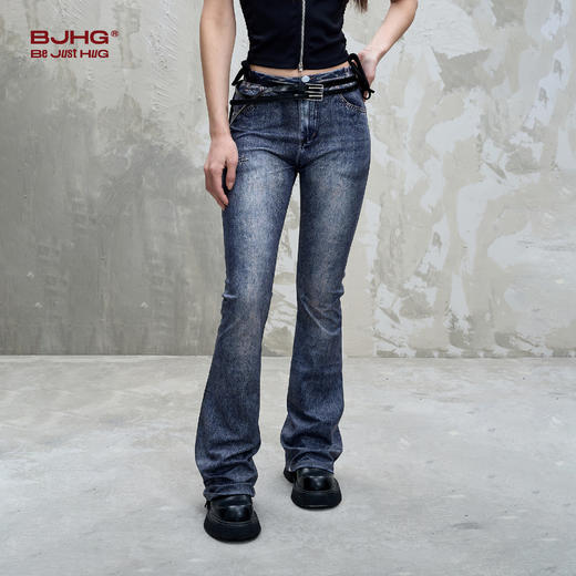 BJHG不计后果休闲瑜伽裤女夏季数码印花牛仔针织美式复古紧身喇叭裤 商品图3