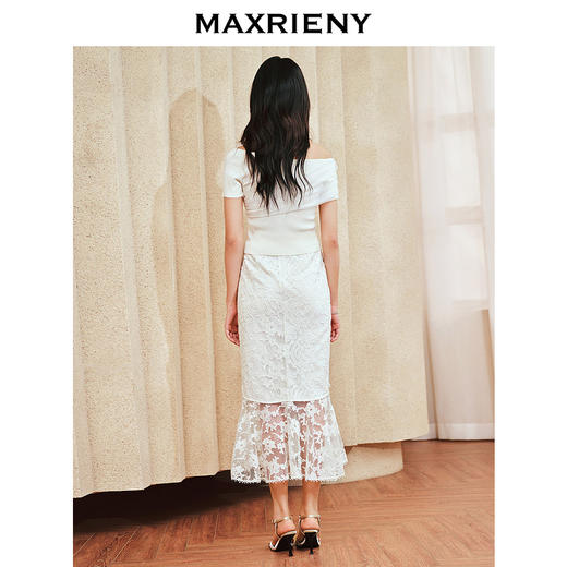 MAXRIENY浪漫复古风网纱上衣2024夏季新款水晶吊珠一字肩套头针织(货号:MS85SW033) 商品图3