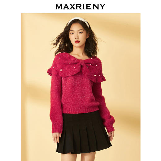MAXRIENY蝴蝶结领针织毛衫冬季新款复古毛针织披肩领毛衣女(货号:MC87SW573) 商品图0