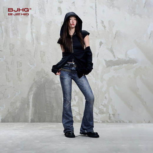 BJHG不计后果休闲瑜伽裤女夏季数码印花牛仔针织美式复古紧身喇叭裤 商品图2