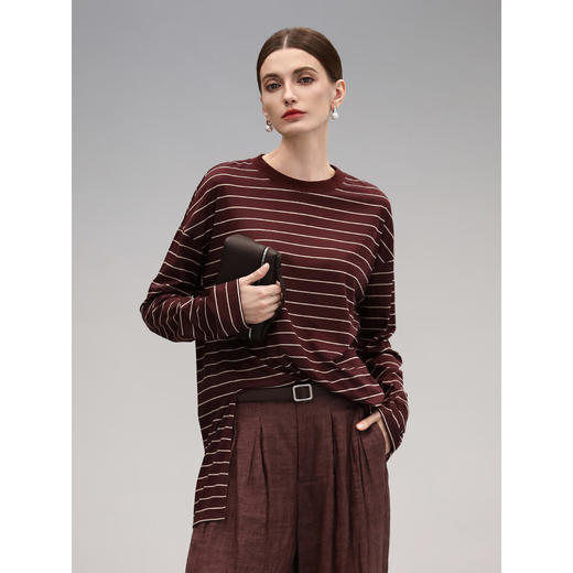 COCOBELLA安可拉红撞色条纹长袖T恤圆领开叉休闲上衣TS3198 商品图0