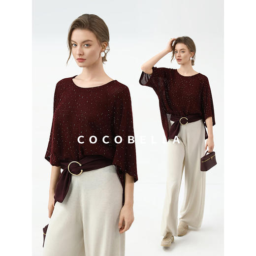 COCOBELLA[安可拉红]蝙蝠袖春夏烫钻镂空针织衫侧开叉T恤TS3037 商品图1