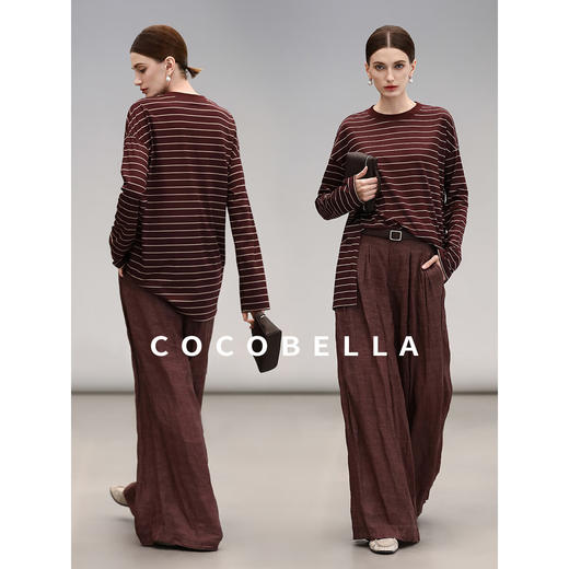 COCOBELLA安可拉红撞色条纹长袖T恤圆领开叉休闲上衣TS3198 商品图1