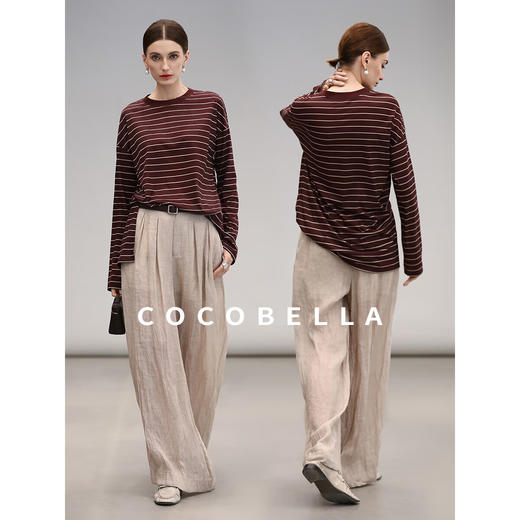 COCOBELLA安可拉红撞色条纹长袖T恤圆领开叉休闲上衣TS3198 商品图2