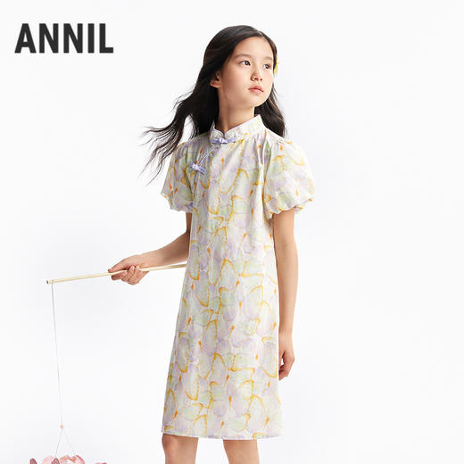【淡雅国风裙】女童国风盘扣短袖连衣裙泡泡袖裙子清新优雅夏季新款安奈儿童装小程序专享EG523089 商品图2