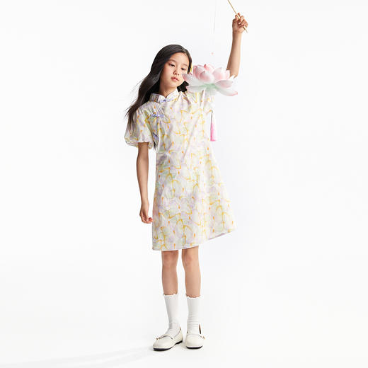 【淡雅国风裙】女童国风盘扣短袖连衣裙泡泡袖裙子清新优雅夏季新款安奈儿童装小程序专享EG523089 商品图3