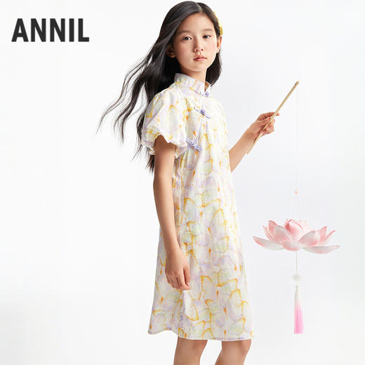 【淡雅国风裙】女童国风盘扣短袖连衣裙泡泡袖裙子清新优雅夏季新款安奈儿童装小程序专享EG523089 商品图1