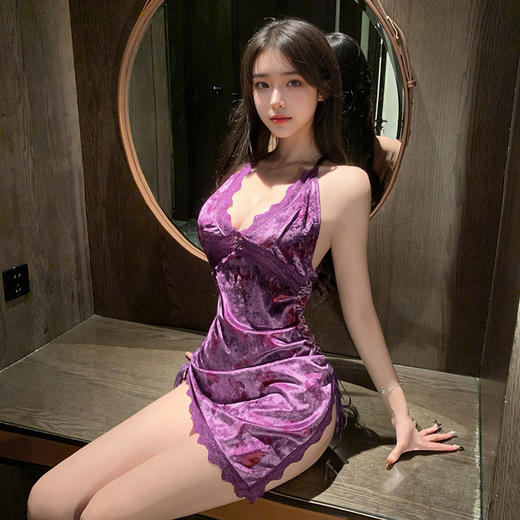 霏慕 蝴蝶印花深V丝绒连衣裙7852 情趣内衣女约会战袍床上诱惑免脱激情睡衣 商品图2