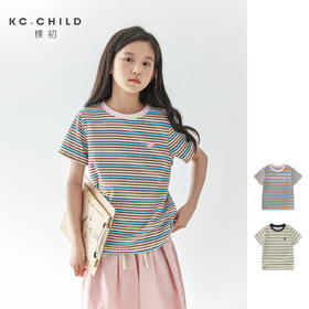 棵初25年春夏新款童装彩色条纹短袖T恤女童蝴蝶刺绣柔软针织上衣
