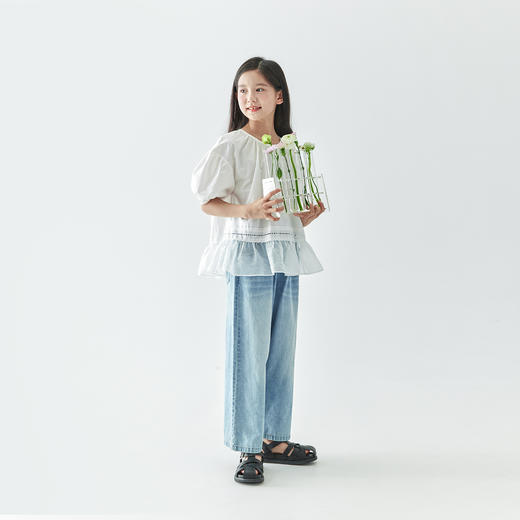 棵初25年春夏新款女童轻盈浪漫氛围感纯色小衫花纱拼接下摆衬衫 商品图3