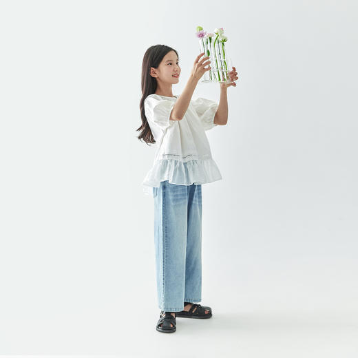 棵初25年春夏新款女童轻盈浪漫氛围感纯色小衫花纱拼接下摆衬衫 商品图1